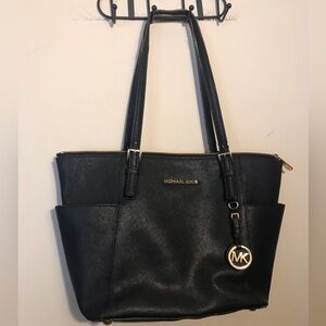 Michael Kors Black Leather Tote Bag with MK Charm Flawed